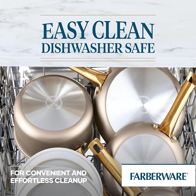 Farberware Radiant Nonstick Cookware/Pots and Pan Set with Lids and Prestige Kitchen Cooking Tools, Dishwasher Safe, 12 Piece, Champagne