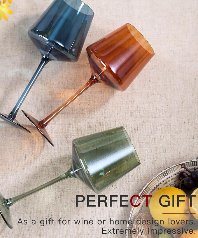 comfit Original Hand Blown Colored Wine Glasses Set of 6-18oz Multi Colored Square Wine Glasses with Tall Long Stems and Flat Bottom,Crystal Colorful Wine Glass-Wedding,Birthday Gifts