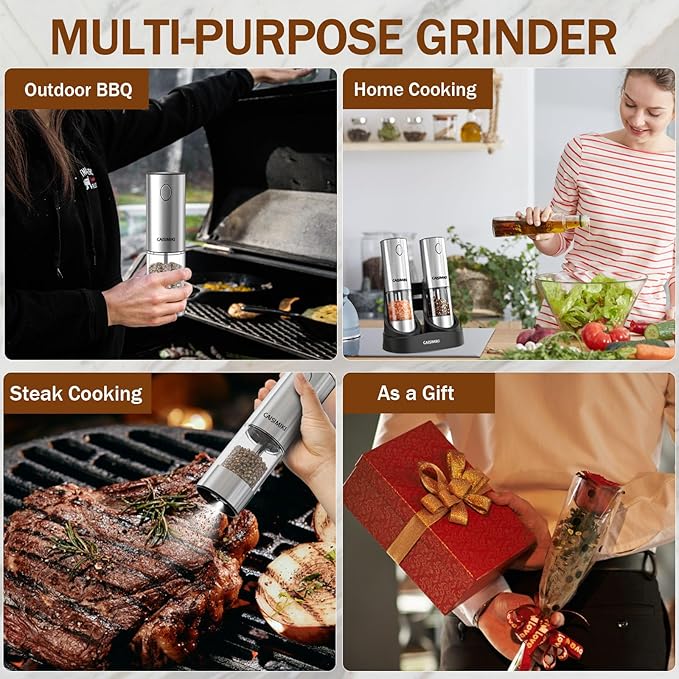 Electric Salt and Pepper Grinder Set Upgraded Stainless Steel Spice Grinder USB Rechargeable Automatic Pepper Mill Dual Charging Station Grinder Shakers, Silver