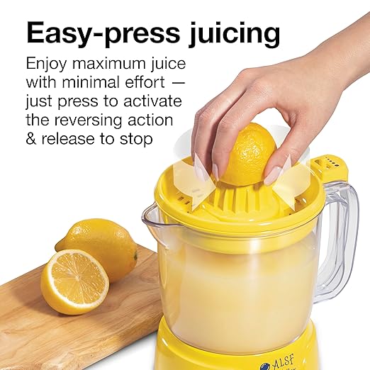 Proctor Silex Alex's Lemonade Stand 34 oz. Electric Citrus Juicer | Pressure Activated | 2 Reamers For Big and Small Fruit | Pulp Control | For Orange, Lemon, Grapefruit Juice | Yellow