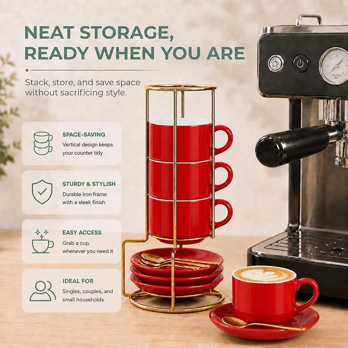 8 Ounce Cappuccino Cups Set of 4, Red | Stackable Cappuccino Mugs, Includes Display Stand, Cups Saucers, and Spoons, for Machines & Home Use, Gold Stand