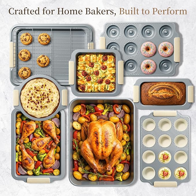 Kikcoin 25 PCS Stackable Baking Pans Set, Non-stick Bakeware Sets with Silicone Handles, 450°F Oven Safe Cookie Sheets for Baking, Easy Release Heavy-duty Baking Sheets Non Stick, Cream