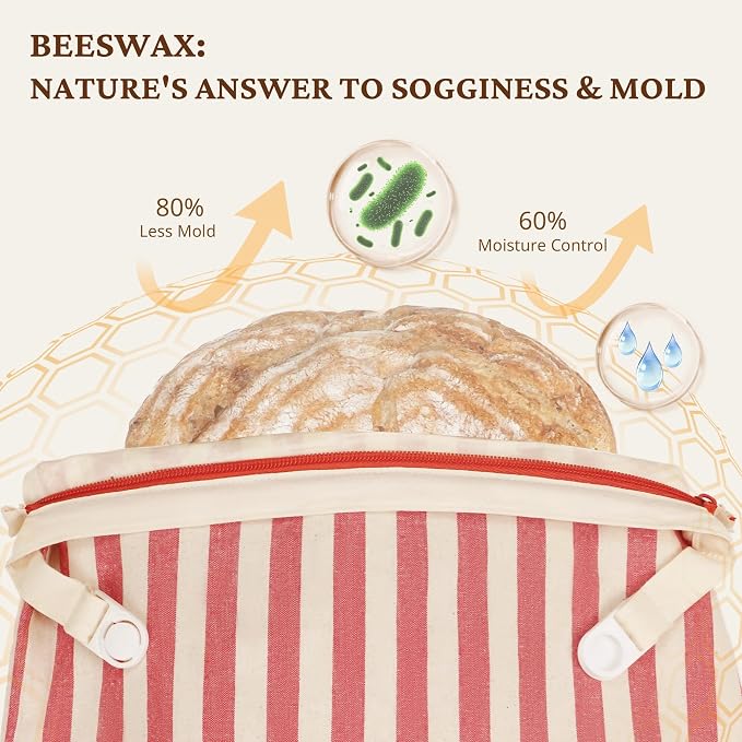 BRONYPRO Reusable Beeswax and Linen Bread Bags with Zipper, 2-Pack Waxed Bread Bags for Homemade Bread & Sourdough, Sustainable Loaf Storage to Lock in Freshness, Large 17x12.6in, Red Stripe