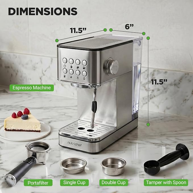 NutriChef 20-Bar Espresso Maker With Milk Frother | Removable 1.8 Quart Water Tank | Coffee Maker for Brewing Espresso, Cappuccino, Latte, Americano & Cold Brew Coffees | Stainless Steel