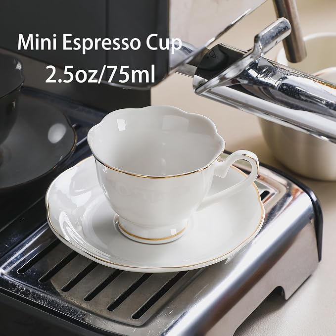 White Porcelain 75ml Demitasse Set of 8 (16-Piece) - 2.5oz Espresso Cups & Saucers, Elegant White & Gold Trim Coffee Set for Turkish Coffee, After Dinner, Gift Giving