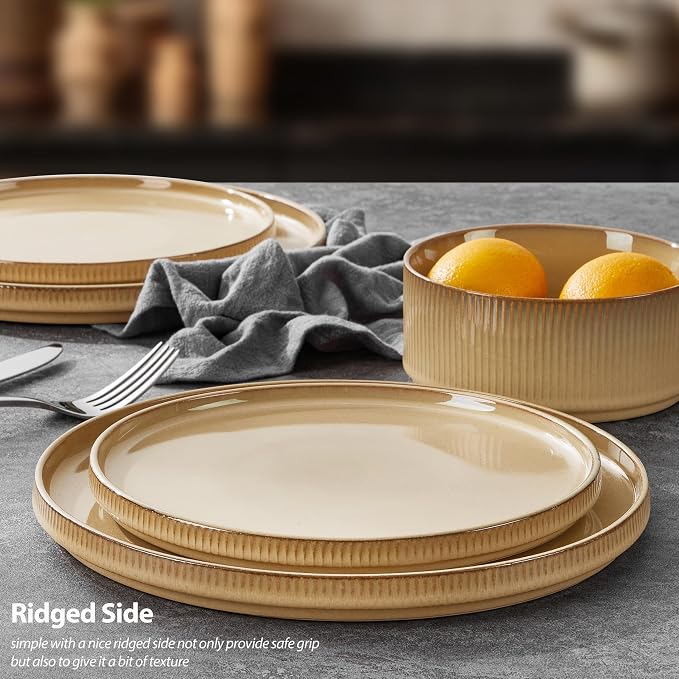 LIANYU 8 Piece Dinnerware Plates and Bowls for 2, Ceramic Elegant Stoneware Dishes Sets with Pasta Bowls, Modern Ribbed Dining Ware Dishware for Restaurant Wedding, Dishwasher Safe, Dune Khaki