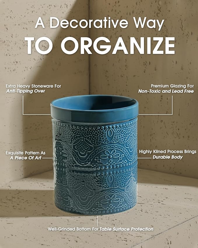 FUN ELEMENTS Kitchen Utensil Holder, 7.2" Super Large Utensil Crock Heavy and Stable Lace Emboss Ceramic Utensil Holder for Kitchen Counter (Grayish Blue)