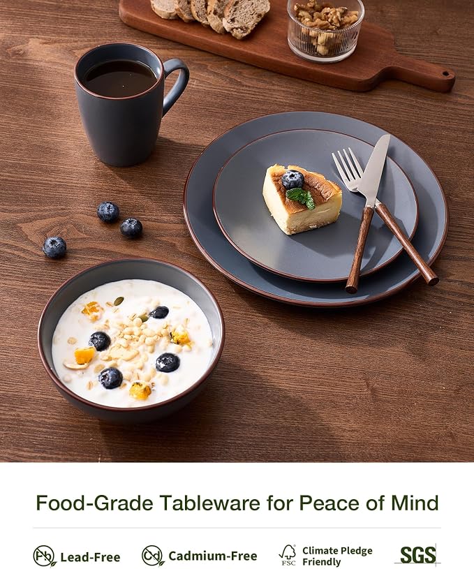 Famiware Venus 24-Piece Stoneware Dinnerware Sets with Mugs, Plates, Bowls, Service for 6, Matte Charcoal - Modern Ceramic Chip‑Resistant Dishes for Everyday & Formal Use, Microwave & Dishwasher Safe