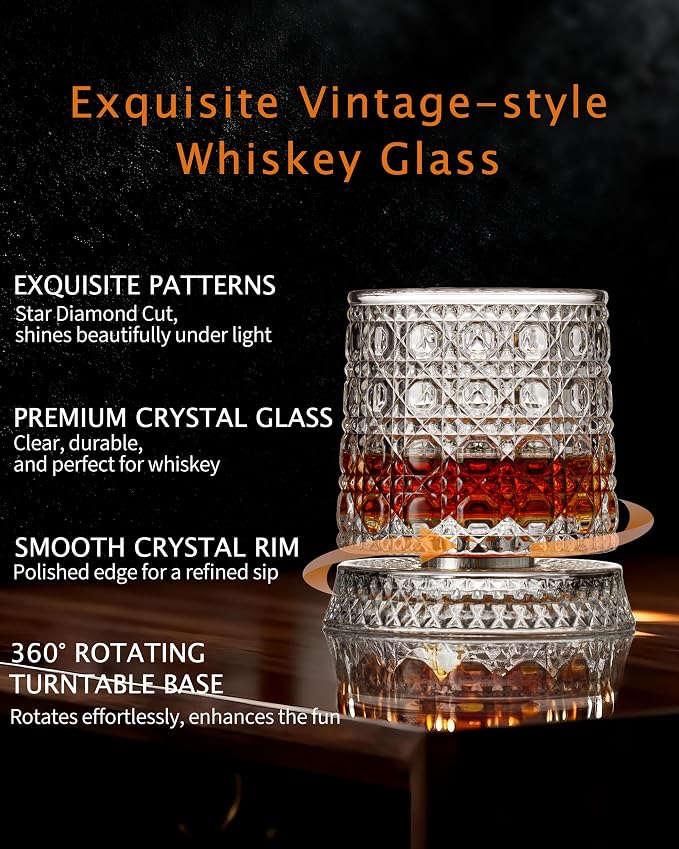 CEEFU Old Fashioned Whiskey Glasses with 360° Rotating Base, Set of 2 (2 Crystal Glasses Set, 2 Big Ice Ball Molds) In Gift Box - Bourbon, Cocktail, Rocks, Bday Gifts Ideas for Men, Gem Pattern