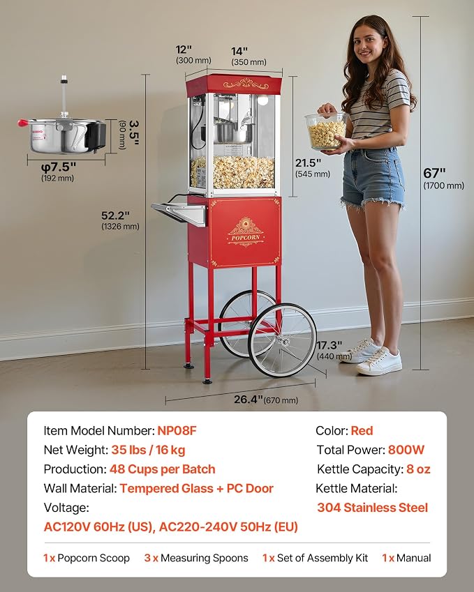 VEVOR Popcorn Machine with Cart, 8oz Stainless Steel Kettle, 800W Commercial Popcorn Maker, 48 Cups per Batch Theater Style Popper, with 2-Button Control Glass Wall PC Door 1 Scoop 3 Spoons, Red