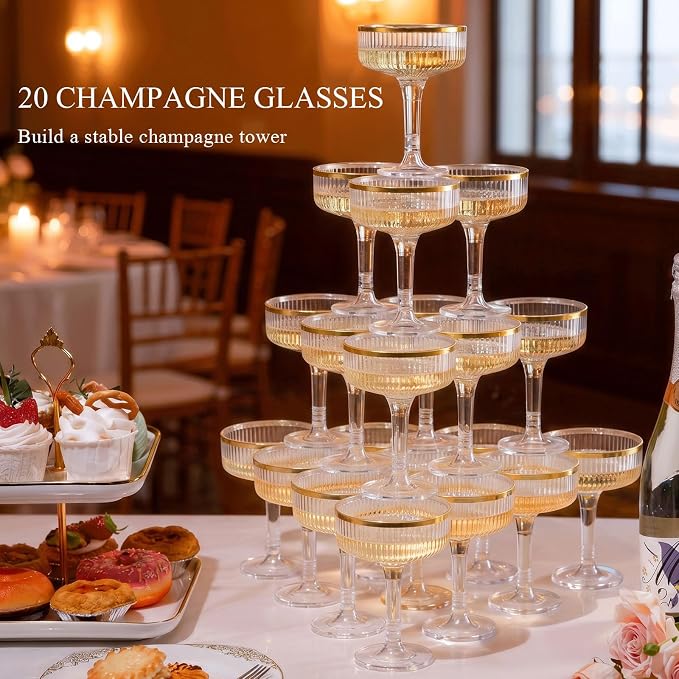Goodluck 4-Tier Champagne Tower Glasses - 20 PCS 7oz Clear Plastic Champagne Flutes, Plastic Coupe Glasses with Vertical Stripes for Weddings, Celebrations, Parties & Birthdays(Gold Rim)