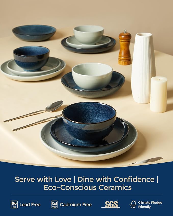 Pokini 24 Piece Dinnerware Sets for 8, Modern Stoneware Plates and Bowls Setst, Perfect for Family Gatherings & Holiday Celebrations, Easy Cleaning Dishes Set, Stack Compactly Dishware, Starry Blue