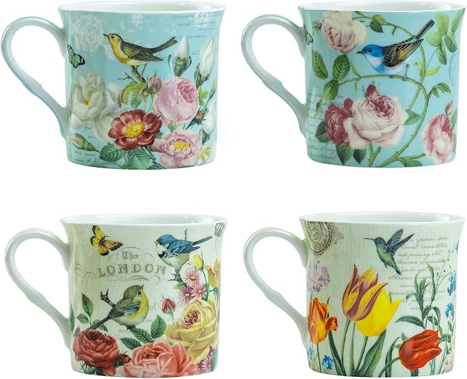 Bone China Coffee Tea Mugs 10-Ounce, Assorted (Botanical Bird Garden), 4 Count (Pack of 1)