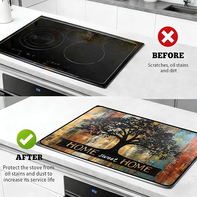 Stove Top Cover for Electric Stove, Vintage Farmhouse Style Glass Cooktop Protector, Multi-functional Kitchen Counter & Washer Top Cover