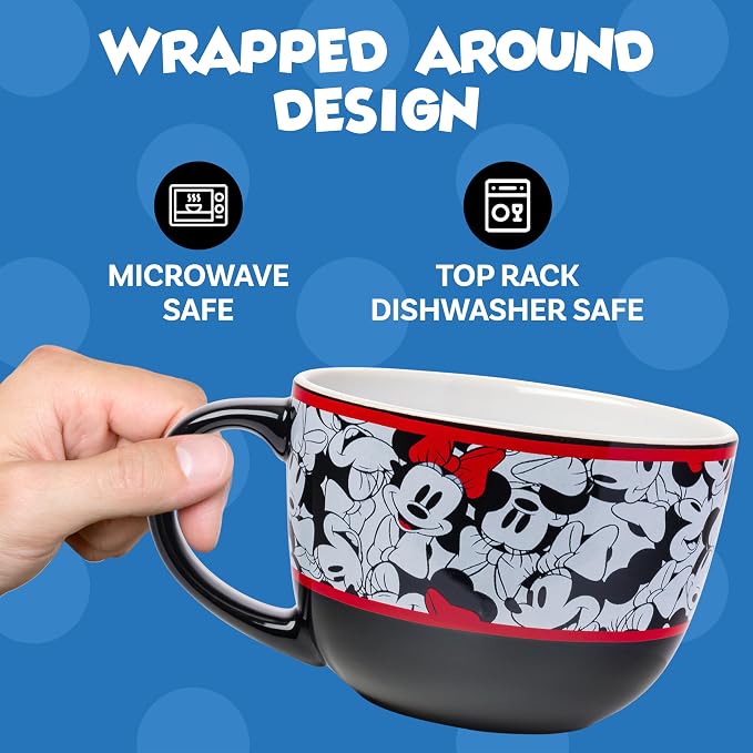 Silver Buffalo Disney Minnie Mouse Ceramic Soup Mug, 24oz | Mickey and Friends pattern artwork, Large capacity ceramic mug, Colorful character design, Ideal for soups and noodles