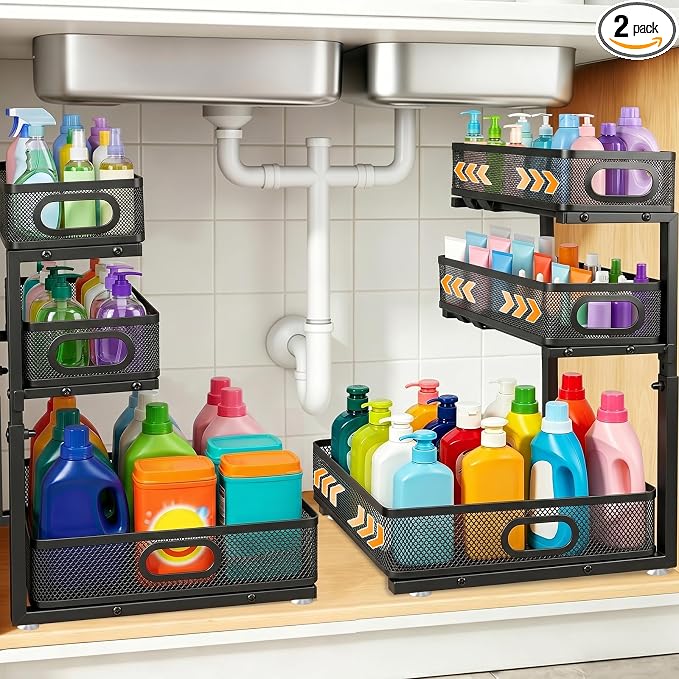 Under Sink Organizer for Bathroom, 3 Tier Adjustable Height Under Sink Storage, Sliding Pull Out Cabinet Organizer Shelf, Metal Multi-Purpose Cabinet Organizer for Kitchen (2 Pack, Black)