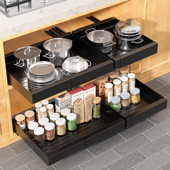 Pull Out Cabinet Organizer, Width Expandable (11.7"-19.7") Heavy Duty Slide Out Drawers Fixed with Adhesive Nano Film for Pots, Roll Out Shelf Storage For Kitchen,Pantry,Garage,Bathroom Storage