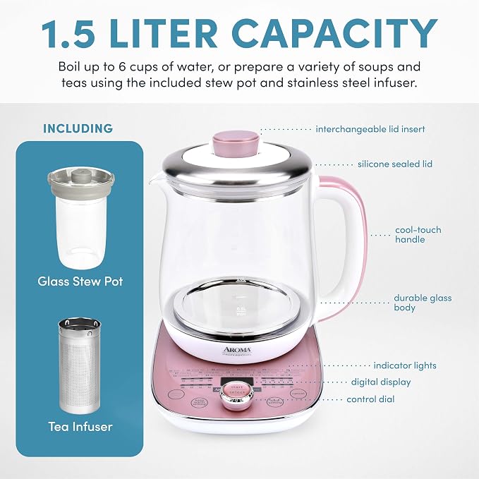 AROMA® Professional 1.5L / 6-Cup Glass Digital Electric Tea Maker, Automatic Keep Warm Mode, 16 Different Heat Setting Options, Spill-Free Pouring Spout (AWK-701)