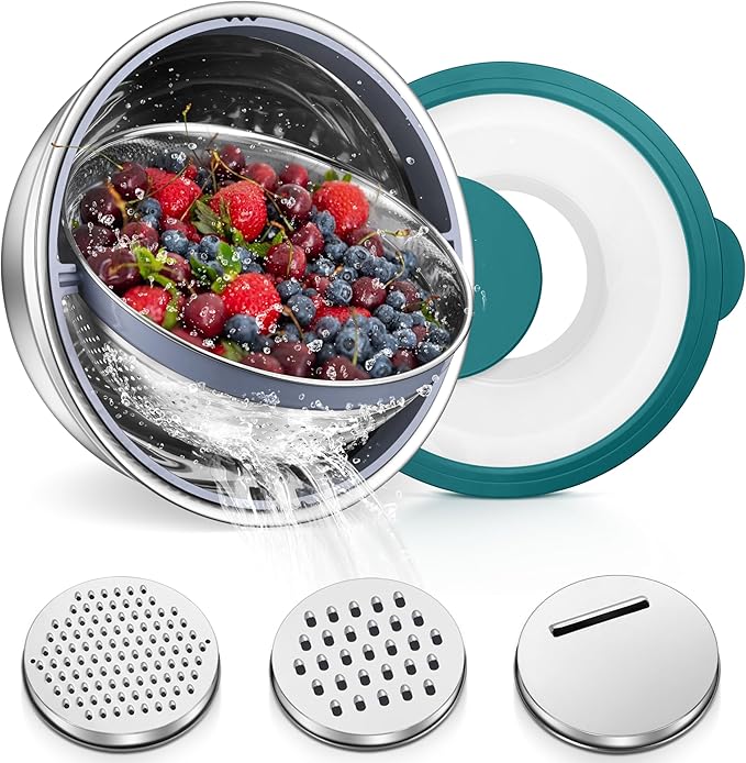TeamFar 4-1 Colander with Bowl Set, Rotatable Colander for Kitchen, Stainless Steel Food Strainers and Colanders Mixing Bowl with Graters, for Veggies Fruits Washing, Pasta Straining - Blue