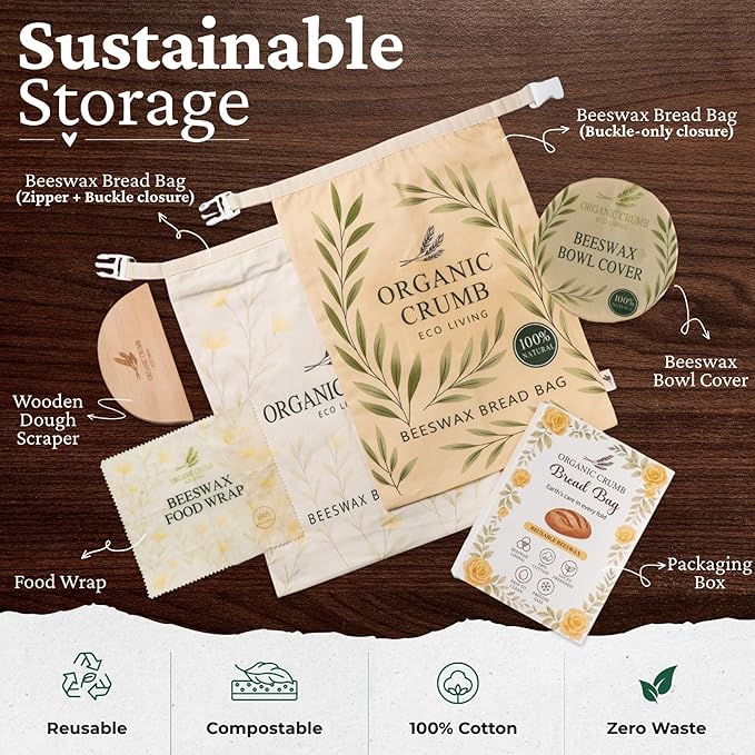 Reusable Bread Bags for Homemade Bread (5 in 1) – 2 XL Cotton Beeswax Bags, Reusable Beeswax Wrap, Bowl Cover & Dough Scraper – Eco-Friendly Storage for Sourdough Bread Bags.