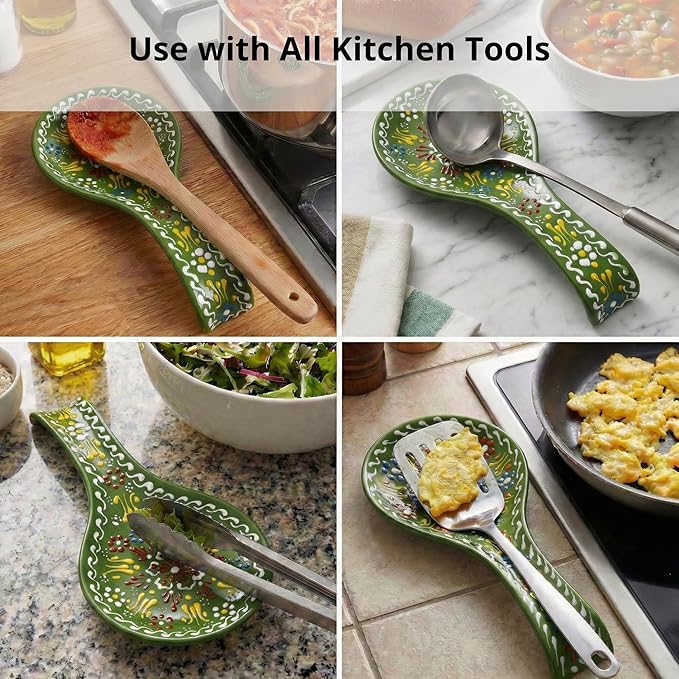 BCS Ceramic Spoon Rest, Large 9” Hand Painted Spoon Holder for Stove Top & Kitchen Counter, Dishwasher Safe & Heat Resistant Utensil Holder, Floral Kitchen Decor, Handmade Pottery