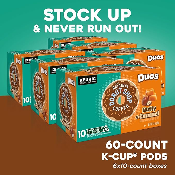 The Original Donut Shop Duos Nutty + Caramel Coffee, Keurig Single Serve K-Cup Pods, Light Roast Coffee, 60 Count, (6 Packs of 10)