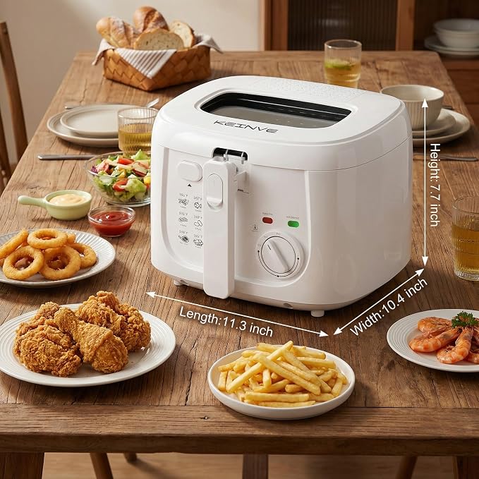KEINVE Electric Deep Fryer with Basket, 2.5L Oil Fryer with Non-Stick Inner, Viewing Window, 1600Watt Fast Heating, White