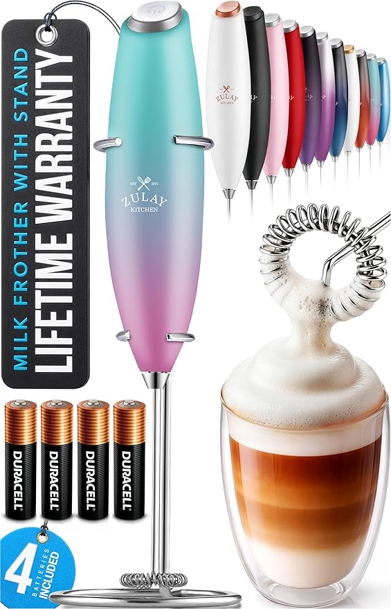 Zulay Kitchen Powerful Milk Frother Wand With 4 AA Duracell Batteries - Ultra Fast Handheld Drink Mixer - Electric Whisk Foam Maker for Coffee, Lattes, Cappuccino, Matcha & Creamer - Pink Spritz