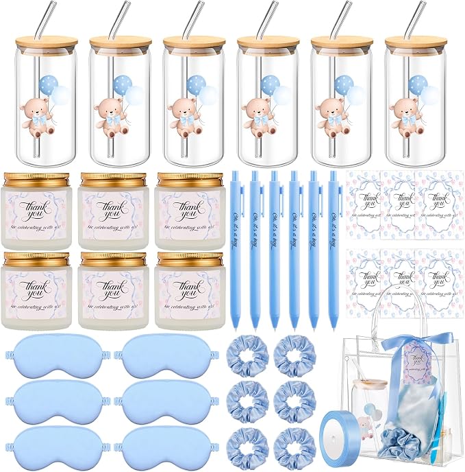 Reallnaive 43 Pcs Baby Shower Prizes for Player Winner Wedding Bridal Shower Favor Gifts Including Glass Cups Aromatherapy Candle Eye Mask Hair Band Greeting Card Pen Ribbon Gift Bag(Bear Style,Blue)