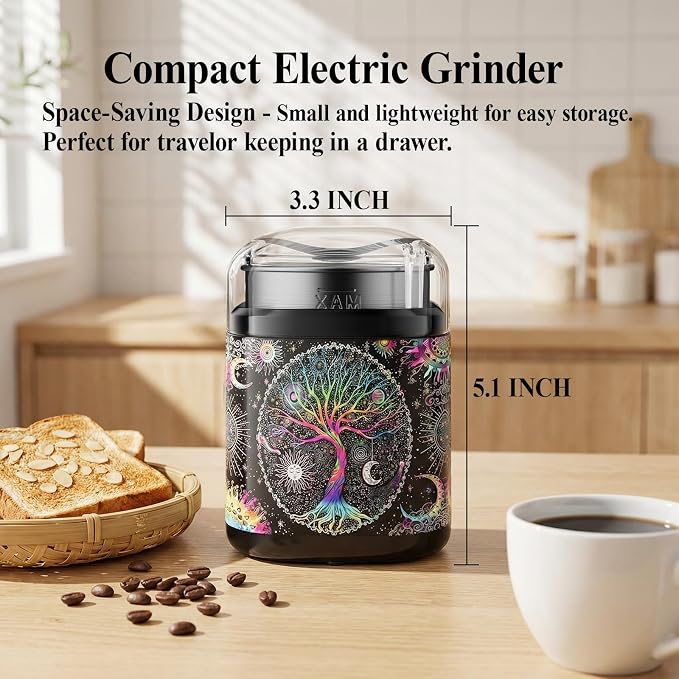 Spice Grinder, One-Touch Fast Grinder with Stainless Steel Blades, Cute Grinder with Unique Pattern Design, Electric Grinder for Spices, 5.1" (Black)