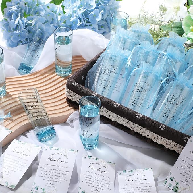 Sliner 24 Set Wedding Favors for Guests Bulk 2oz Acrylic Take a Shot We Tied the Knot Shot Glasses with Thank You Cards Organza Bags for Guest Souvenir Wedding Bridal Shower Gifts (Blue,Black)