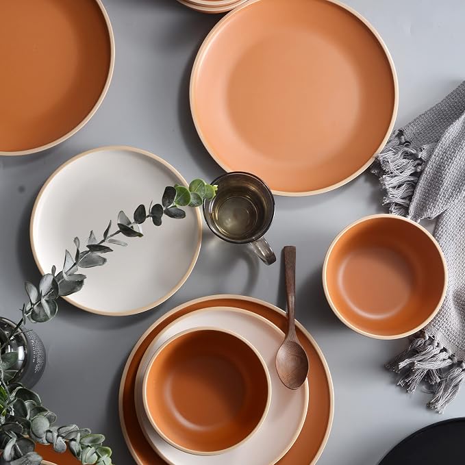 Melamine Dinnerware Sets 12pcs, Plates and Bowls for 4, Unbreakable Dinnerware Sets, Ideal Dinnerware for Party, Unbreakable, BAP free, Dishwasher Safe, Red Color (Terracotta Color)