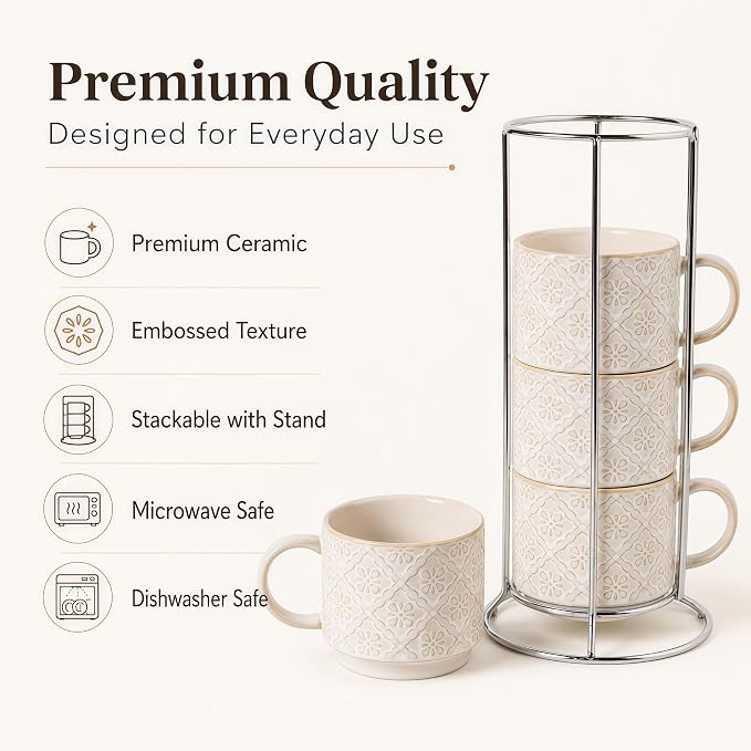 6 Oz Coffee Mugs with Stand, Stackable Coffee Cups Set of 4, Ceramic Espresso Cups, Embossed Cappuccino Cups for Latte, Cocoa, Mocha, Tea, Housewarming Wedding Present, Dishwasher Safe