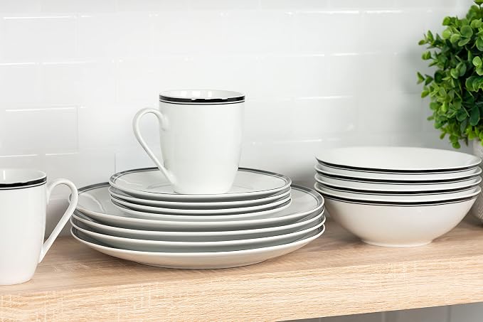 10 Strawberry Street Café Stripe 16 Piece Coupe Dinnerware Set, Black