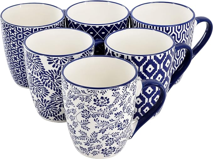 Elama Declan 12 Ounce Assorted Design Stoneware Mug Set in Blue and White, 6 Piece Set