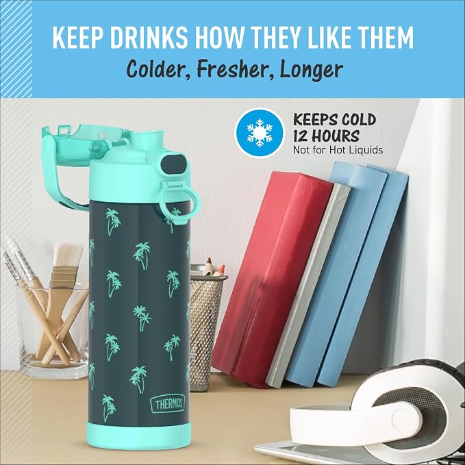 THERMOS FUNTAINER 16 Ounce Stainless Steel Vacuum Insulated Bottle with Wide Spout Lid, Palm Trees