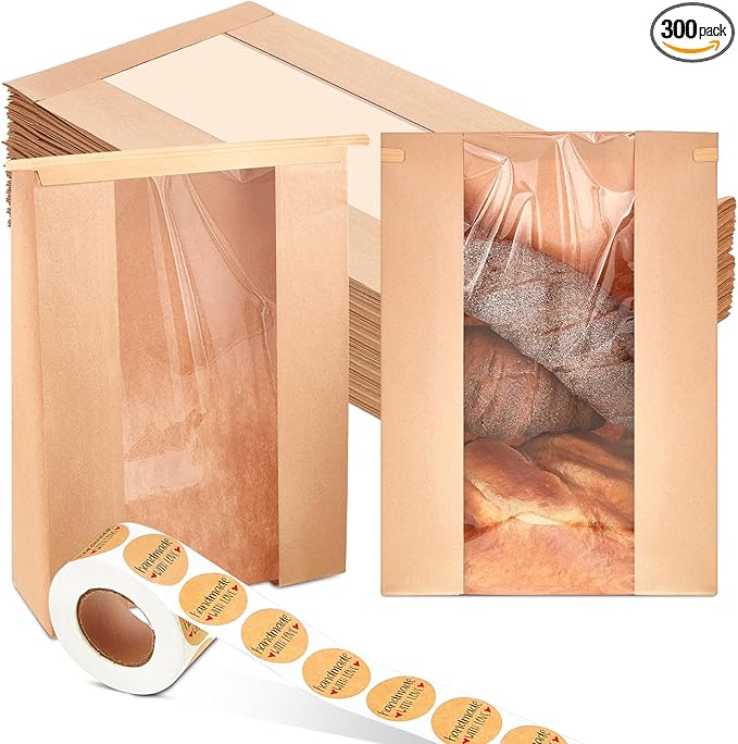 Honoson 300 Pcs Large Paper Bread Bags for Homemade Gift Giving, Sourdough Bread Bags with Window, Bakery Storage Tin Tie Tab Lock Cookie Packaging with Label Seal Stickers (Cute Style)