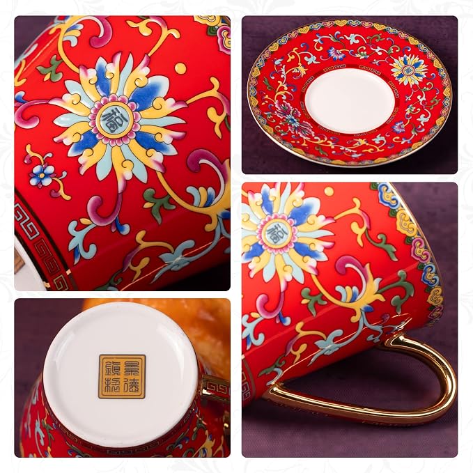 KAMMAK Tea Cups and Saucers Set of 2, Porcelain Coffee Cups, 8oz Stackable Espresso Mugs, Ceramic Demitasse for Coffee, Latte, Americano, Tea (629N+630N)