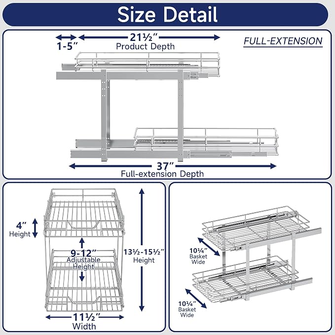 2-Tier Pull Out Cabinet Organizer, 11.5" W x 21.5" D, Heavy Duty Dual Slide Out Shelves for Narrow Base Cabinets, Chrome Wire Basket Drawer for Spices, Bottles & Snacks