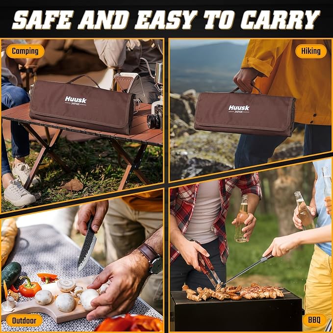 Huusk Chef Knife Set 5 PCS - Hand Forged High Carbon Steel Butcher Knife Set with Poultry Shears & Sharpening Rod, Cooking Knives with Bag for Grill BBQ Camping, Gifts for Men and Women