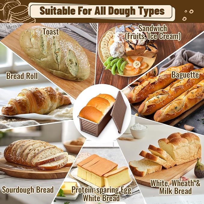 3 Pack Pullman Loaf Pans with Lids, 2.2LB 1LB 0.5LB Bread Pans, Non-stick Carbon Steel Bread Pans for Homemade Sandwich and Baking Sourdough Bread, Corrugated Toast Mold, Golden