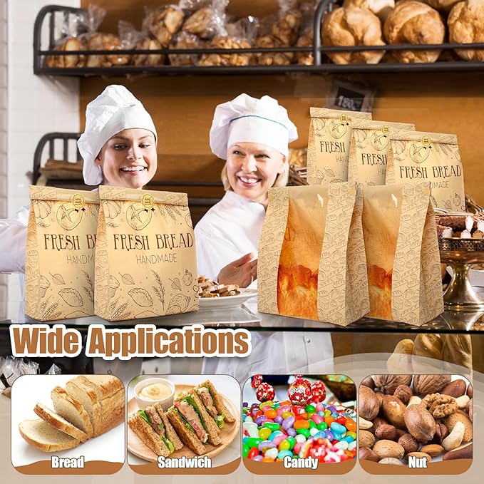 Feifeiya 200 Pack Kraft Paper Bread Bags for Homemade Sourdough Bread Bag with Clear Window 13.7 x 8.2 x 3.5 Large Bakery Packaging for Treat Storage Gift Giving with Seal Sticker