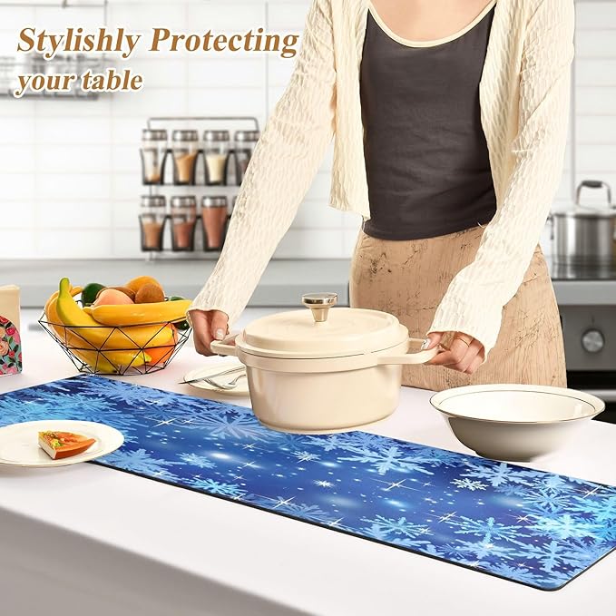 Blue Winter Christmas Glitter Snowflakes Trivet Table Runner 40 Inches Long Trivet for Hot Pots and Pans/Hot Dishes,Table Protector Heat Up to 230F, Decorative Hot Plates Mat for Kitchen Countertop