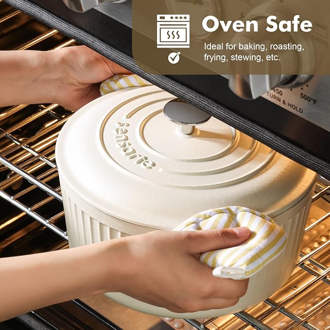 SENSARTE Enameled Cast Iron Dutch Oven Pot with Lid 3.5/5.5/6.5 Quart Heavy-Duty Round Dual Handles Kitchen Pot with Cotton Potholders & Silicone Trivet, Pot for Bread Baking, Stews, Braising, Roasting, Oven Safe, 6.5 Quart, White