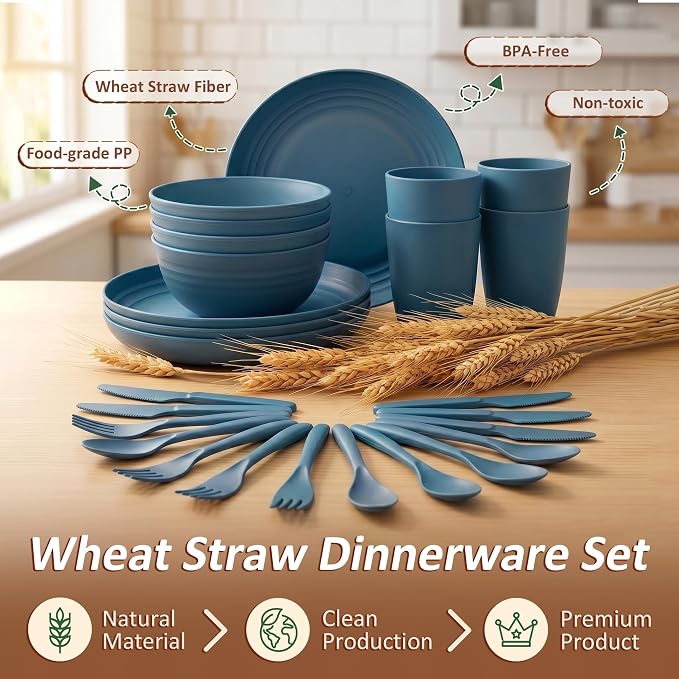 Wheat Straw Dinnerware Sets 24 Piece, Unbreakable Plates and Bowls Sets for 4, Reusable Plastic Dishes Set, Microwave and Dishwahser Safe Kitchen Set, Apartment and Kitchen Essentials - Blue