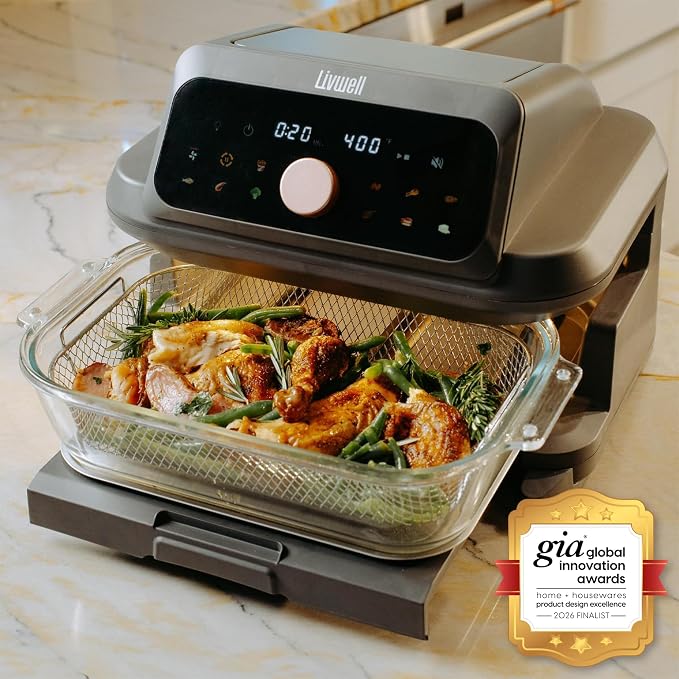 LIVWELL Smart Touch 6-Quart Glass Air Fryer with LED Touch Screen & Pull-Out Drawer | 12 Presets, PFOA & PFAS-Free | Dishwasher-Safe Casserole, Silicone Handles & Trivet Included