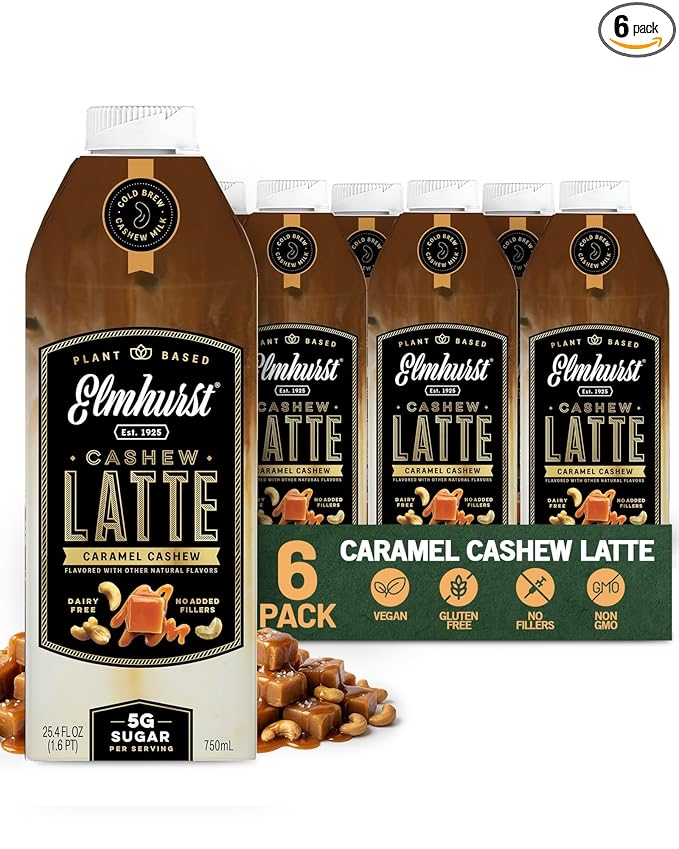 Elmhurst 1925 Caramel Cashew Latte – Plant-Based, Vegan, Dairy-Free Plant Milk Latte Made of Cashew Milk, Cold Brew Premium Arabica with 95mg Caffeine & Sweet Caramel Notes – 25.4oz (Pack of 6)