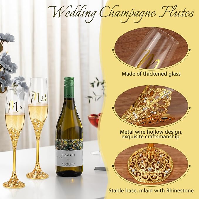 6 PCS Wedding Cake Knife and Champagne Flutes Server Set with Fork Mr and Mrs Champaign Flutes, Bride and Groom Champagne Glasses Crystal Rhinestone Wedding Toasting Glasses Parties
