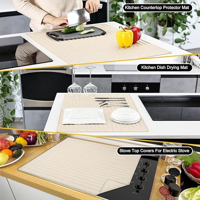 Cook's Aid Stove Top Cover for Electric Stove - Silicone Stove Mat for Glass Top Stove, Glass Cooktop Protector, Dish Mat Drying Kitchen Mat (Elegant Beige, 20x28 Inch)