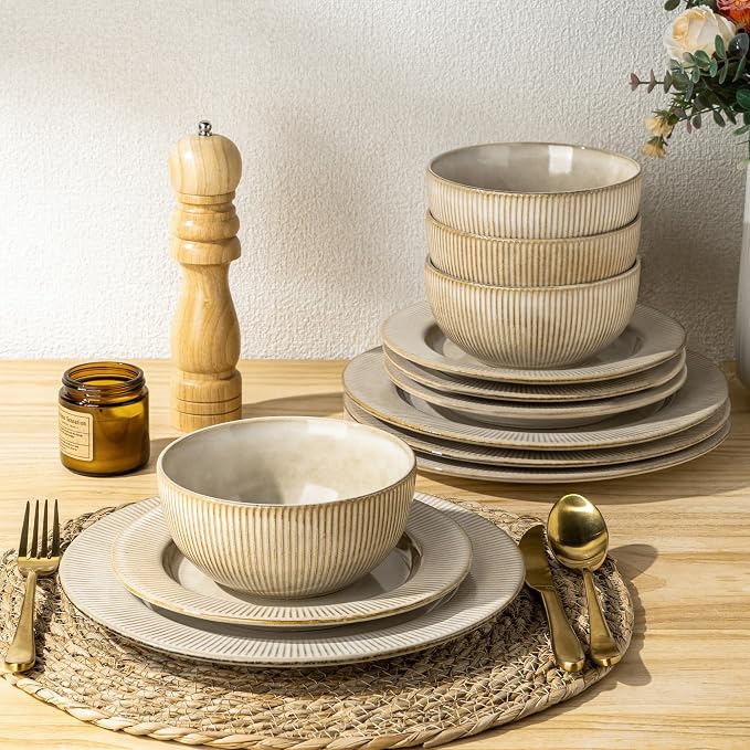 GBHOME Ceramic Dinnerware Sets,12 pcs Embossed Elegant Stoneware Plates and Bowls Sets, Housewarming Wedding Gift | Dishwasher & Microwave Safe | Dishes Set Service for 4